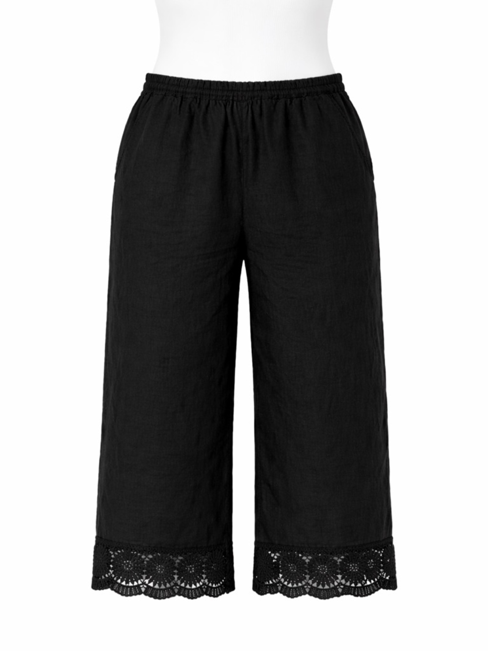 Size S Bella Dahl Women’s Linen Cropped Pants Lace Hem Elastic Waist Black